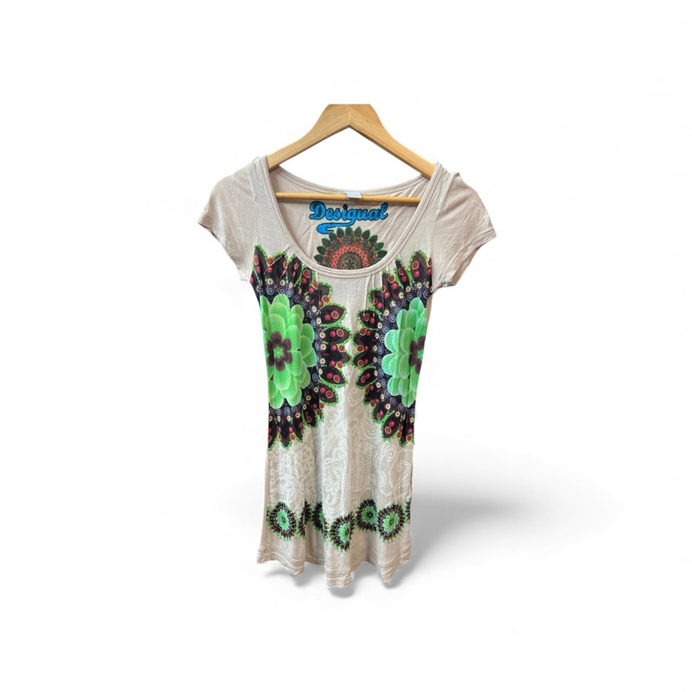 Desigual Floral Printed Embellished Sequin Beaded Tunic Top Boho Bohemian Small